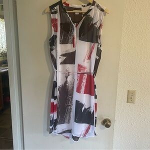 Liz Claiborne Tribal Beat Dress Womens Lg Abstract Sheer Button Front Belted